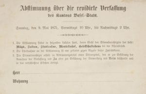 Zulassungskarte zur Abstimmung, mit Angabe der fünf Lokale